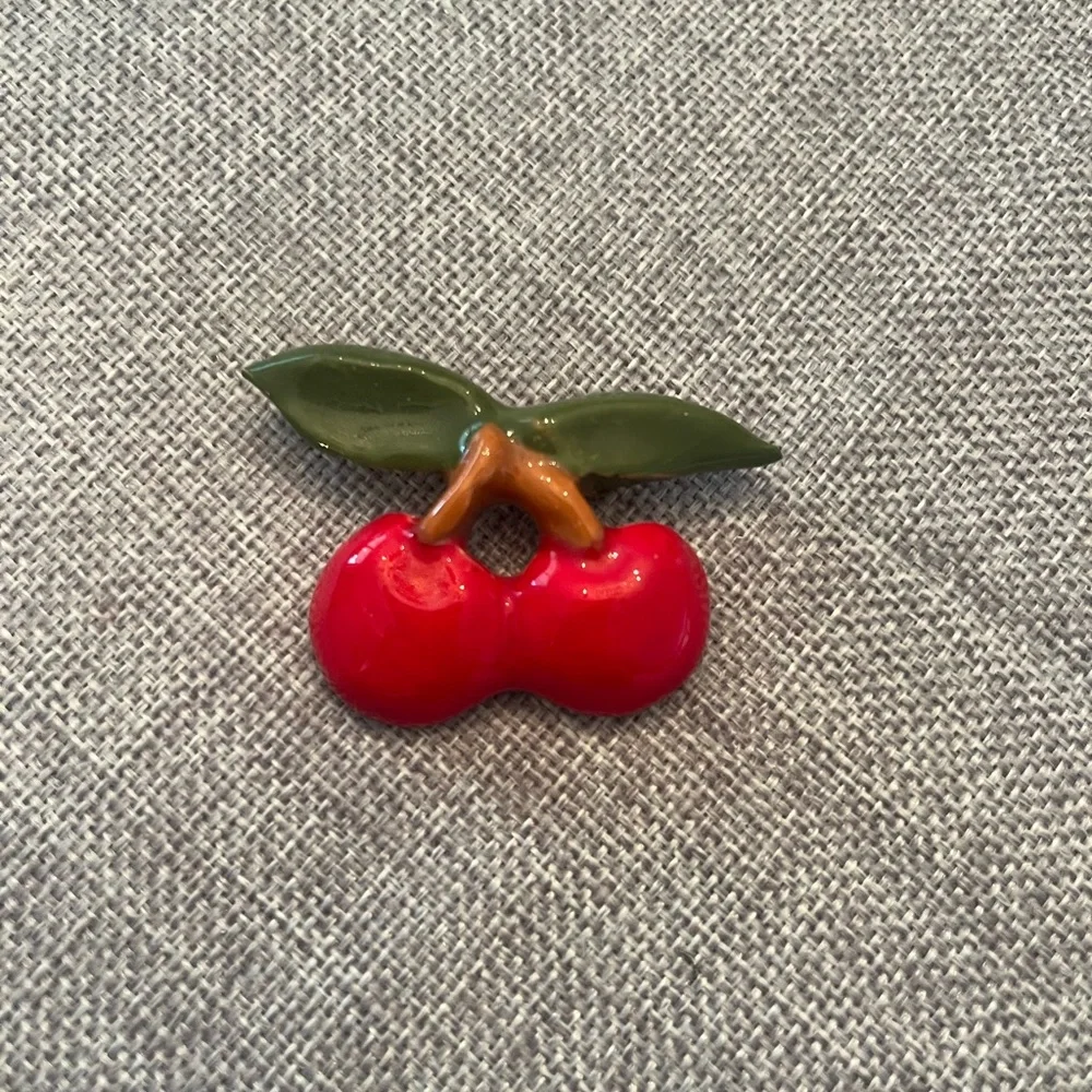 Vintage Ceramic Red Cherry Brooch with Green Leaves